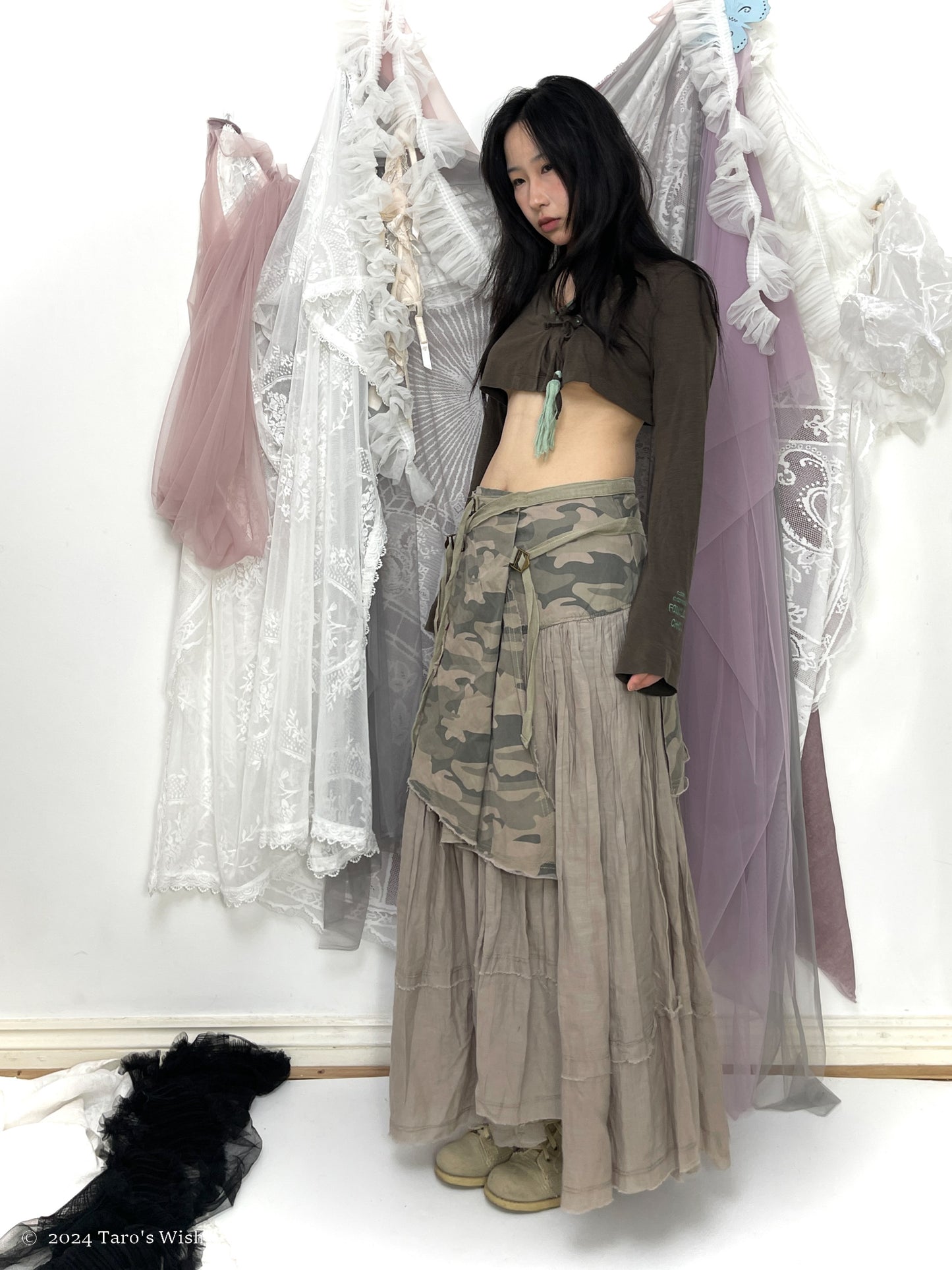 asymmetric camo multi belt maxi skirt, euro label