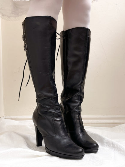 EU38 real leather lace up back boots in black, euro label