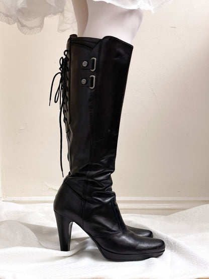 EU38 real leather lace up back boots in black, euro label