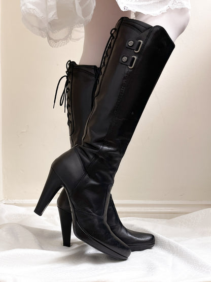 EU38 real leather lace up back boots in black, euro label