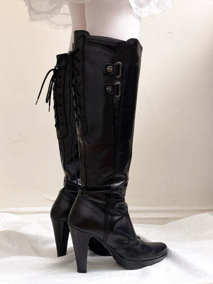 EU38 real leather lace up back boots in black, euro label