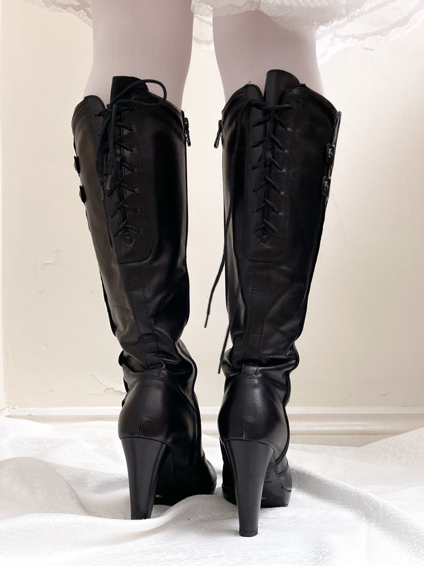 EU38 real leather lace up back boots in black, euro label