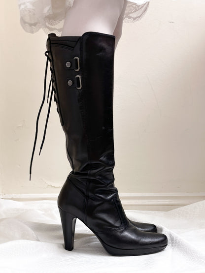 EU38 real leather lace up back boots in black, euro label