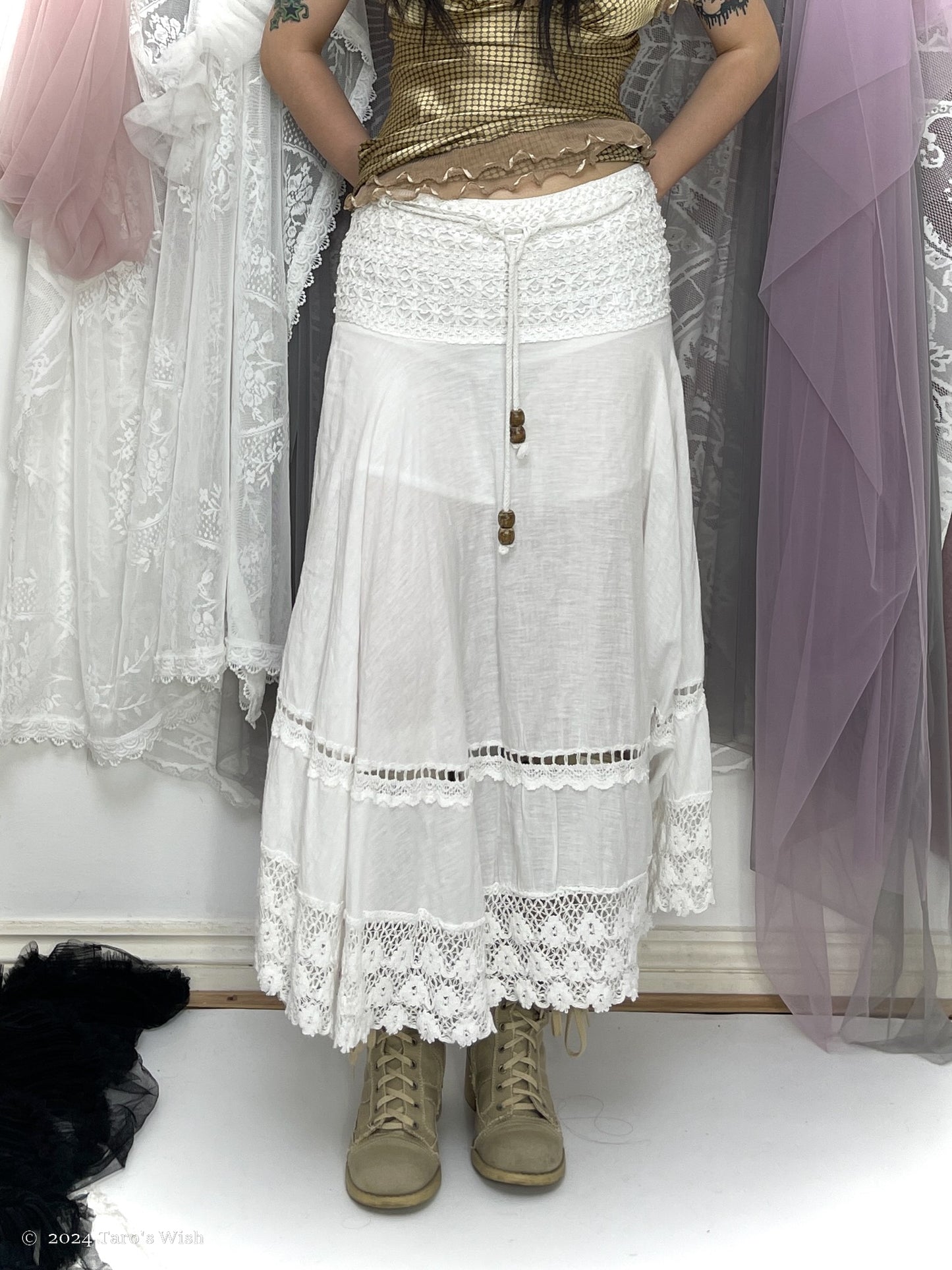 crochet maxi skirt in white, japanese label