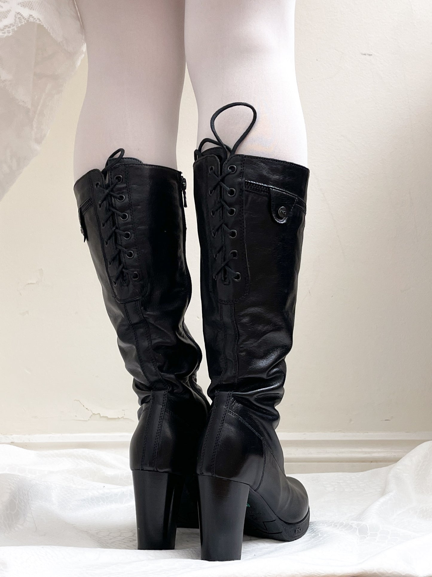 EU37 real leather lace up back boots in black, euro label