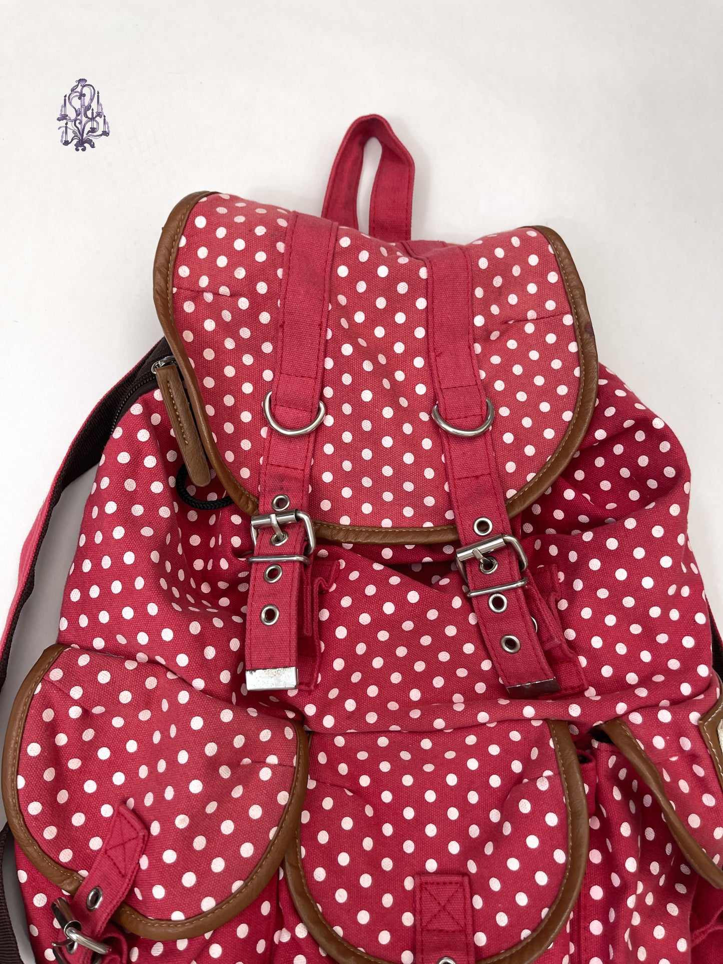 Vintage polka dots multi buckled utility backpack