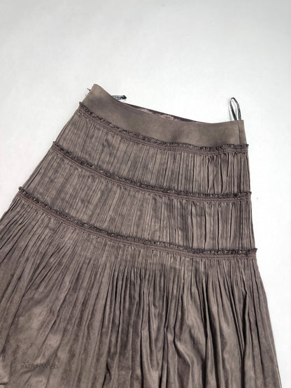 Epoca suede tiered pleated midi skirt in brown