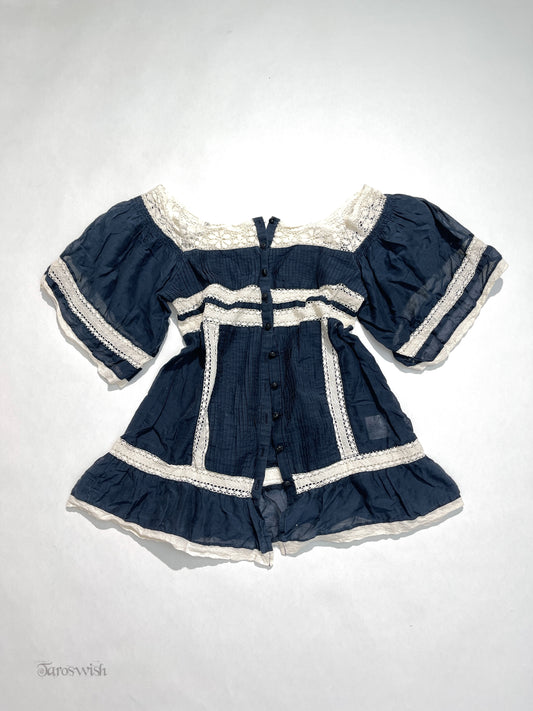 ナイン Button up lace trim blouse in navy