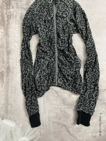 leopard grey and black zip up ruched hoodie, japanese label