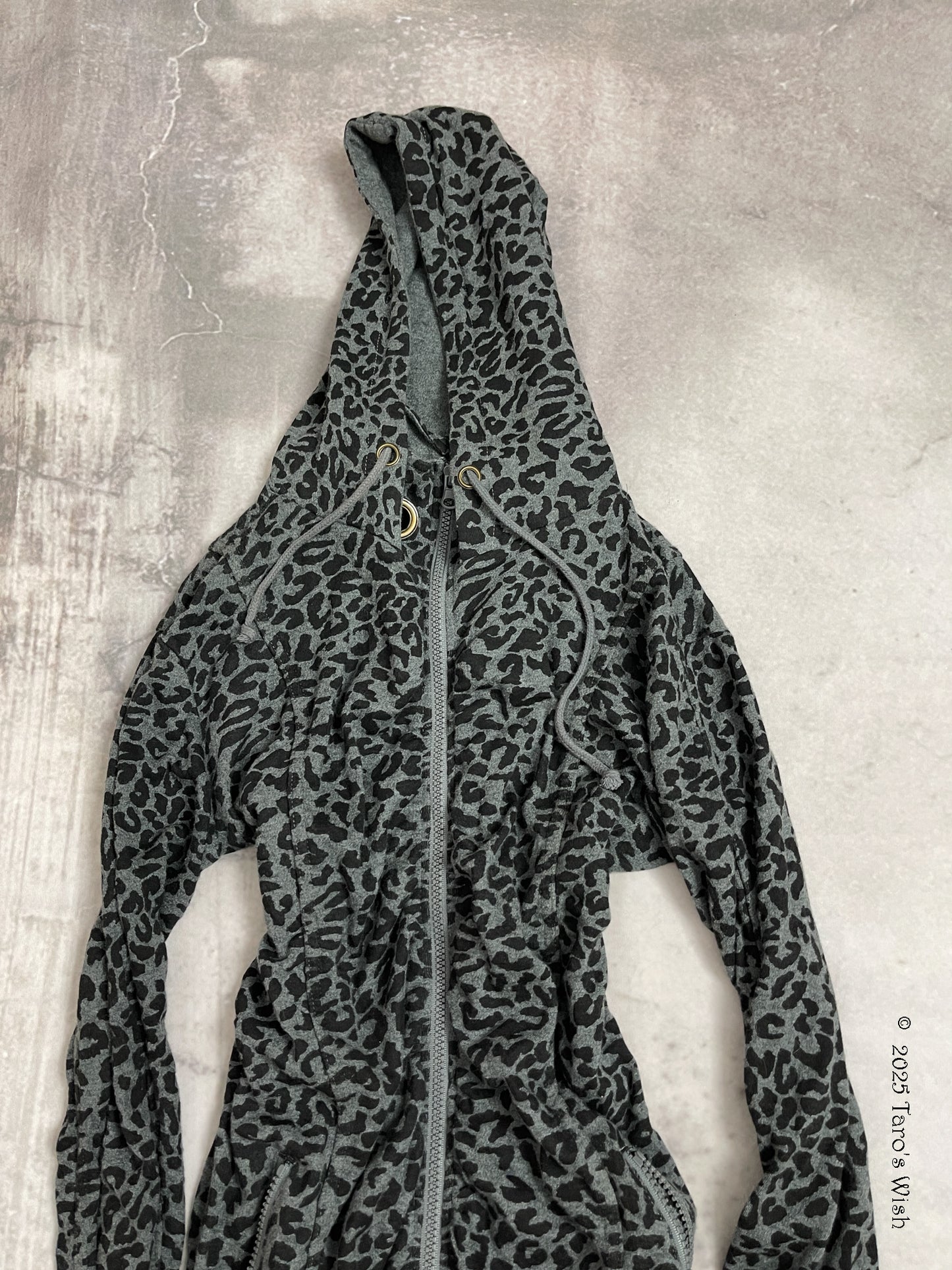 leopard grey and black zip up ruched hoodie, japanese label