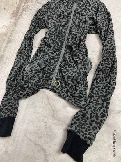 leopard grey and black zip up ruched hoodie, japanese label