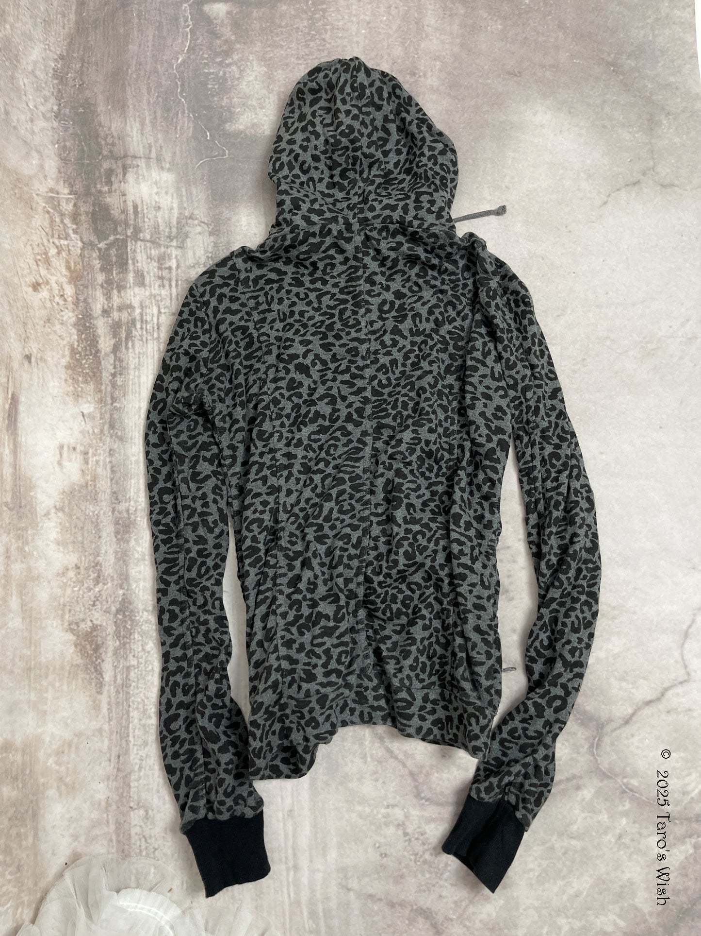 leopard grey and black zip up ruched hoodie, japanese label