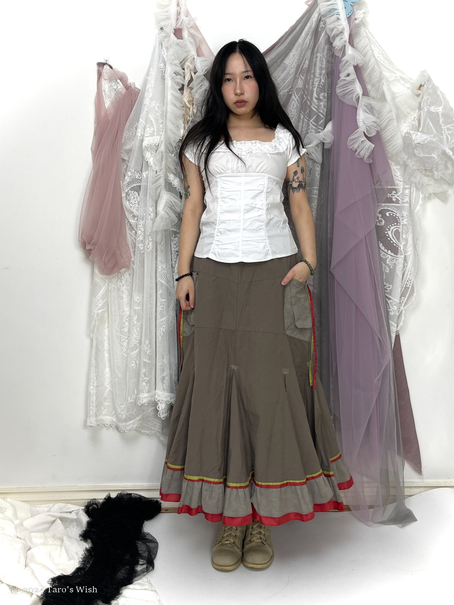 patchwork voluminous maxi skirt, euro label