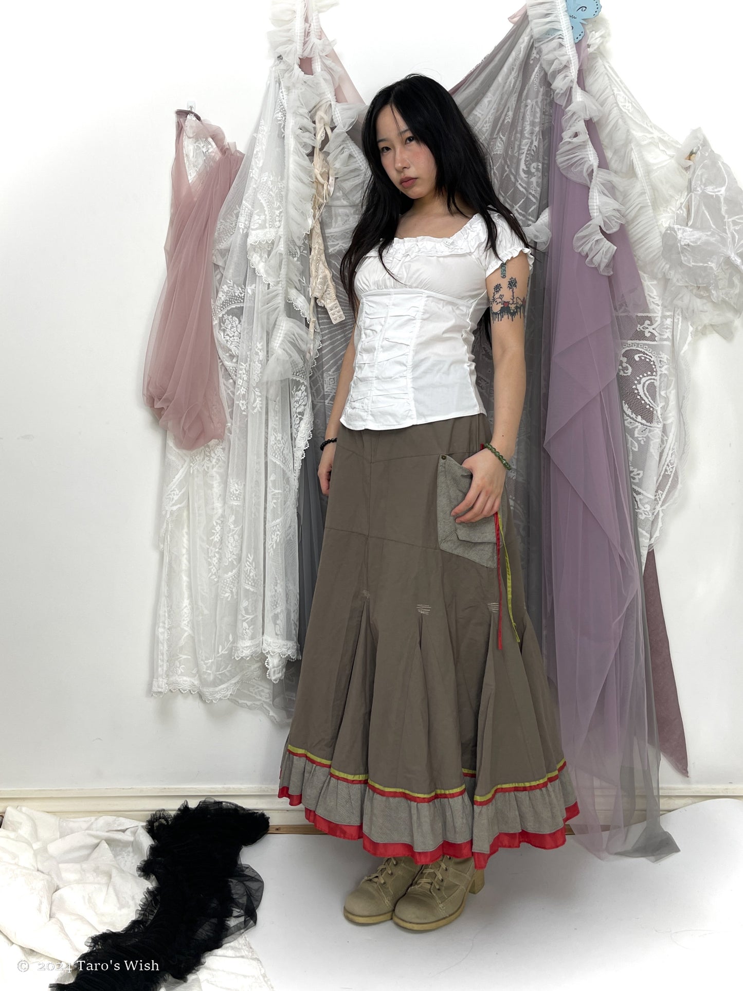 patchwork voluminous maxi skirt, euro label