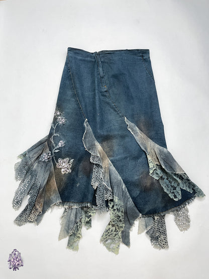 Fairycore denim and lace patchwork midi skirt