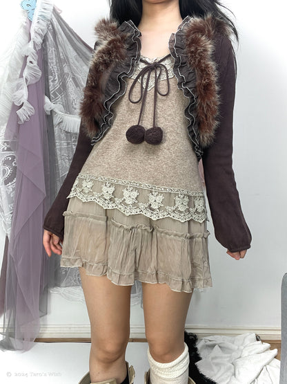 purple fur trim hooded cardigan with pompom