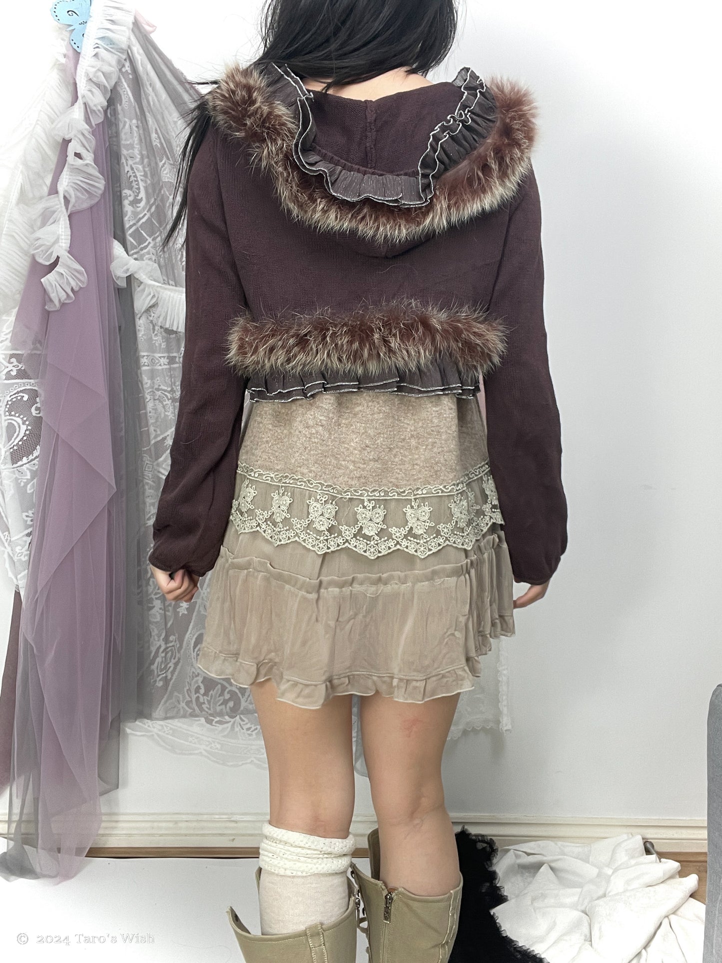 purple fur trim hooded cardigan with pompom