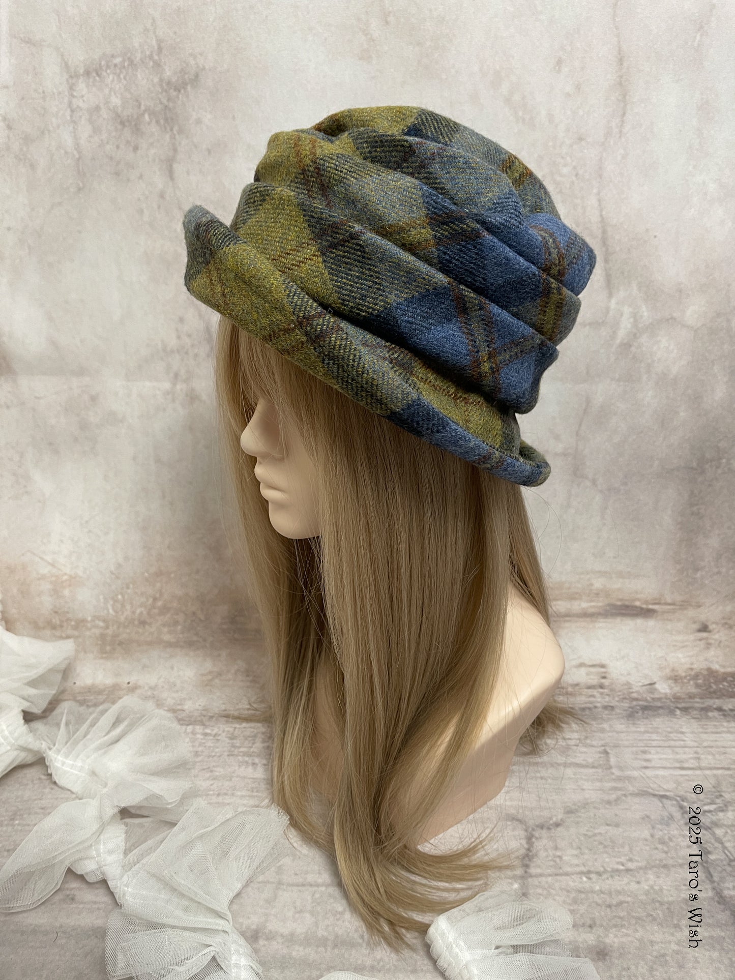 ruched 100% wool tartan tall hat