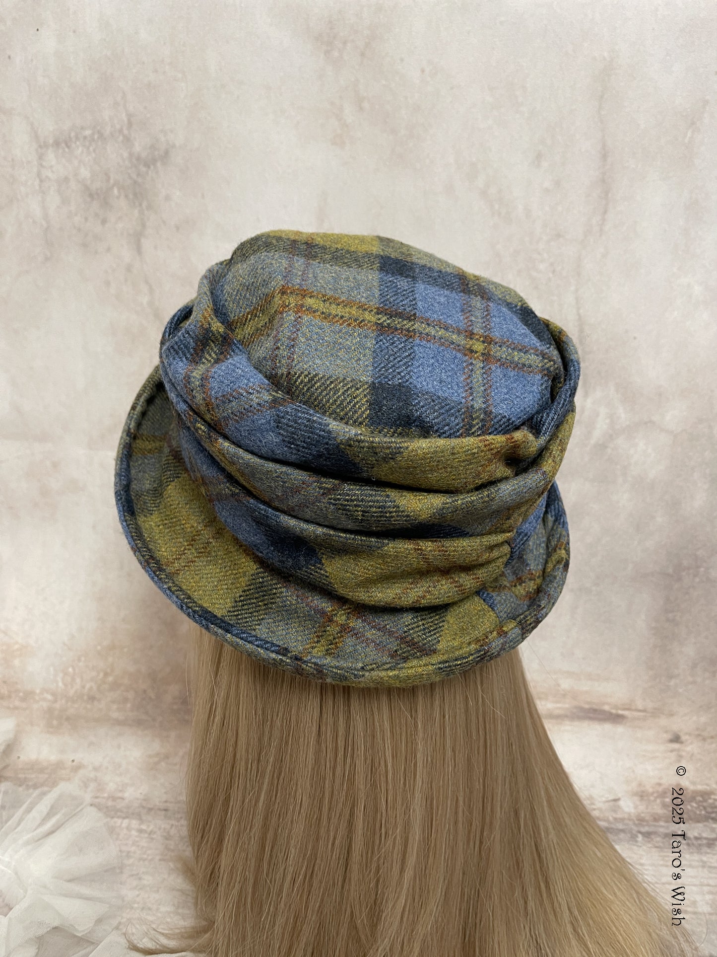 ruched 100% wool tartan tall hat