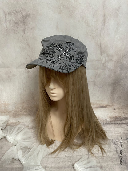 grey graphic print cross cap