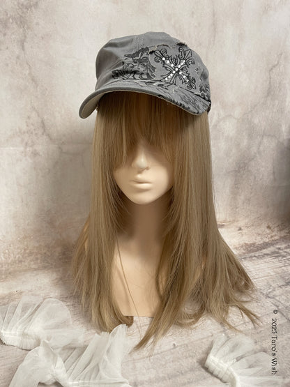 grey graphic print cross cap