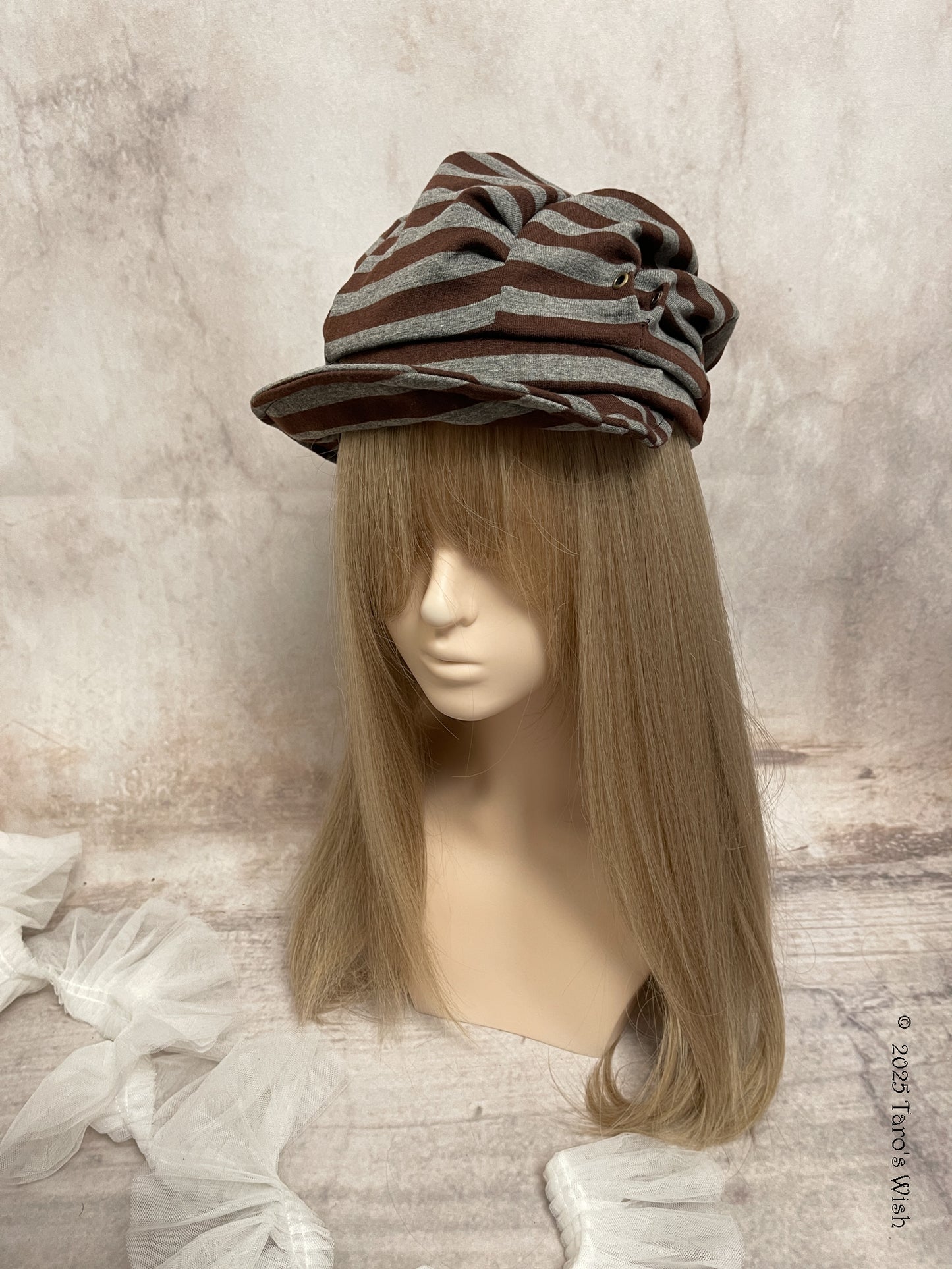 purple grey striped beret