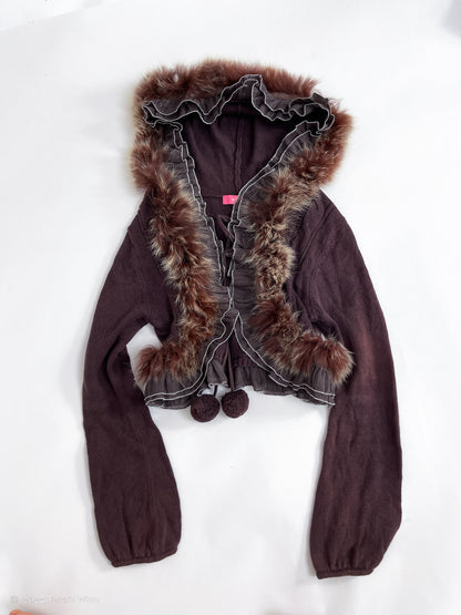 purple fur trim hooded cardigan with pompom