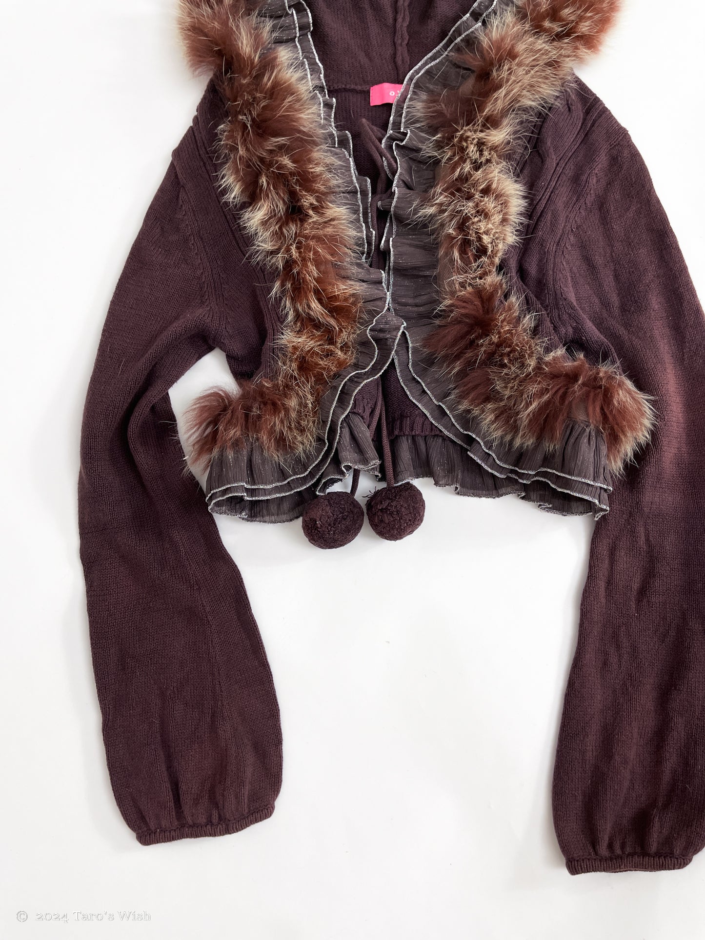 purple fur trim hooded cardigan with pompom