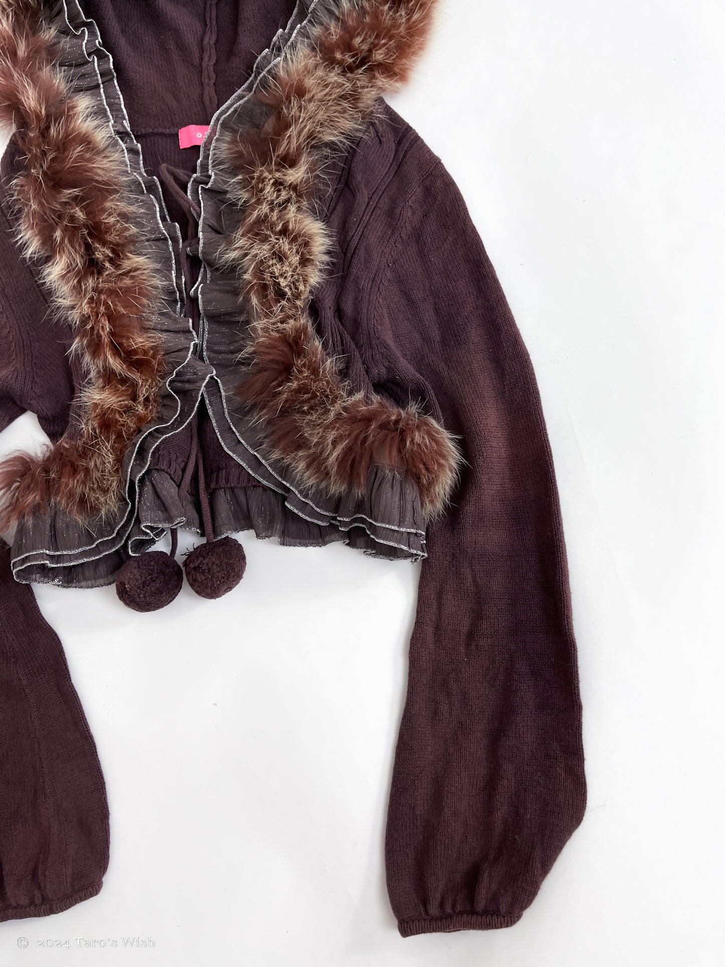 purple fur trim hooded cardigan with pompom