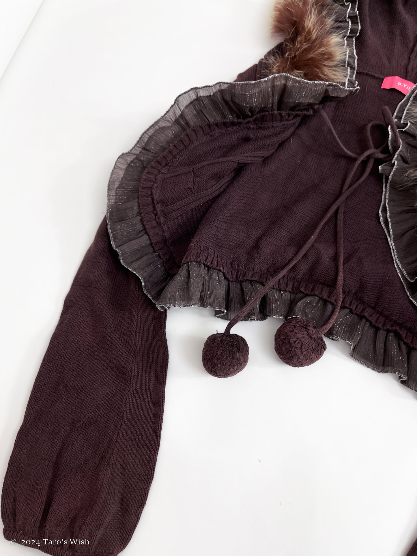 purple fur trim hooded cardigan with pompom