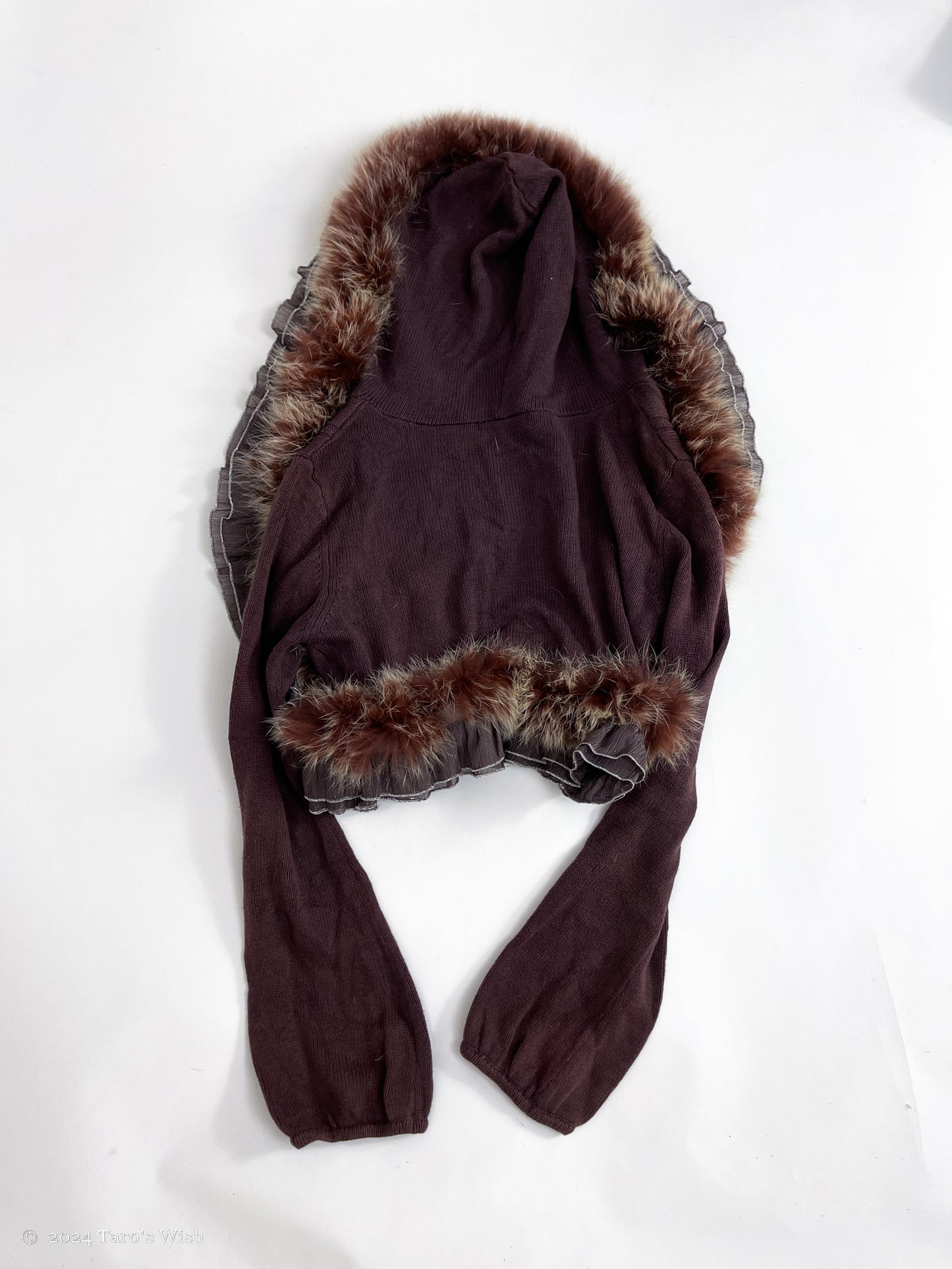 purple fur trim hooded cardigan with pompom