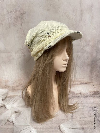 distressed knit cream ruched cap