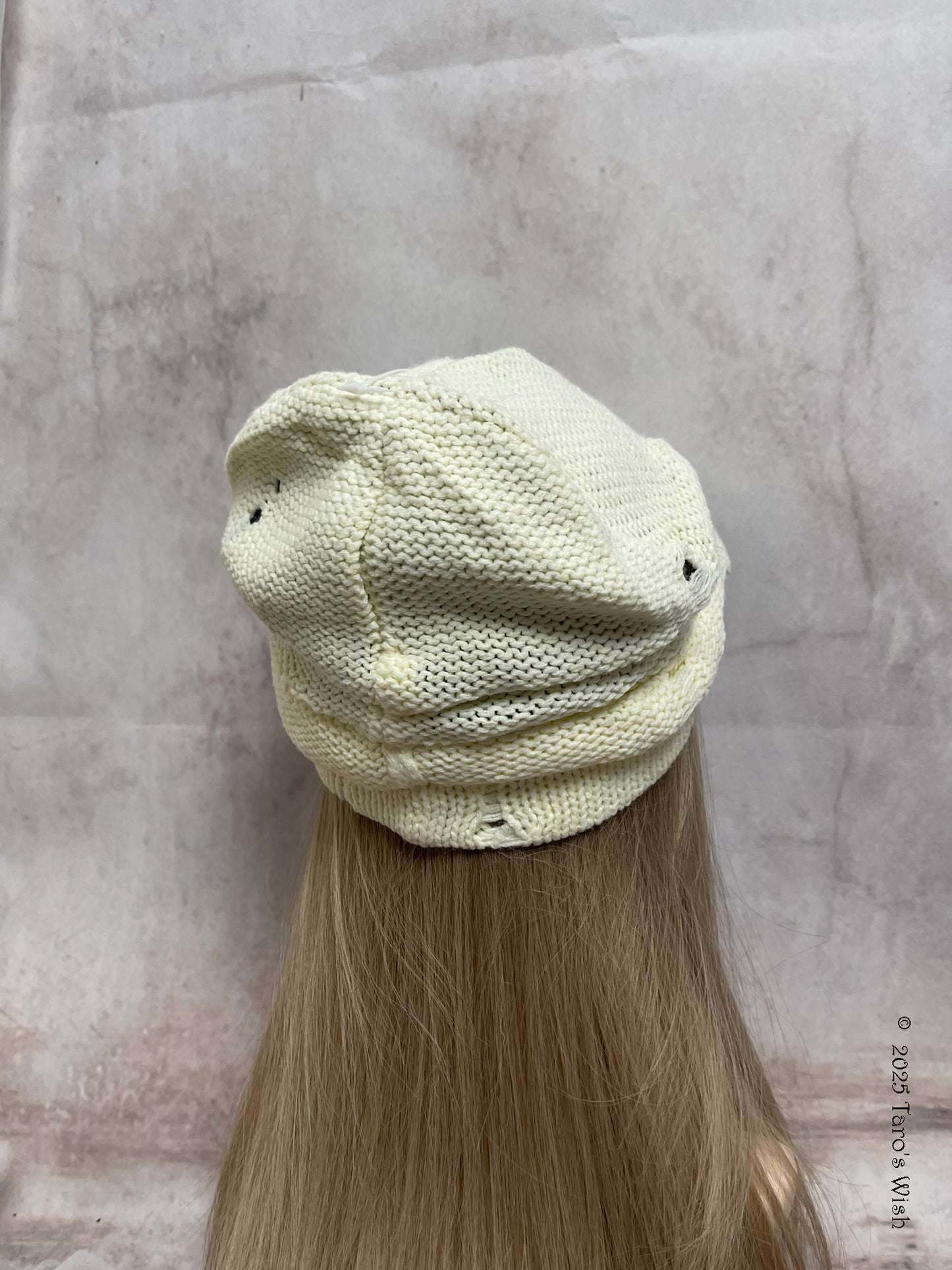 distressed knit cream ruched cap