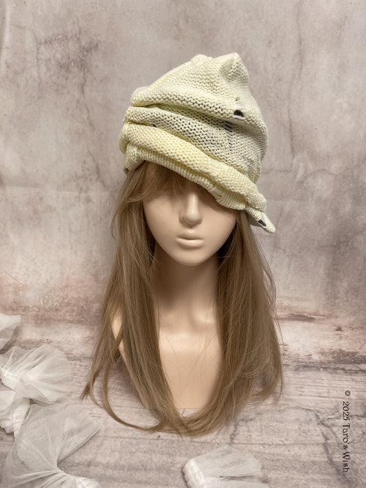 distressed knit cream ruched cap