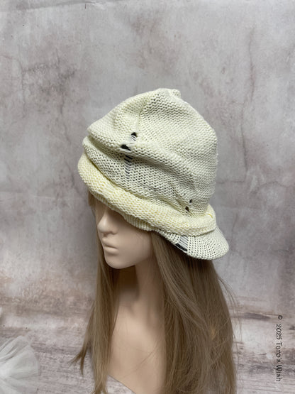 distressed knit cream ruched cap