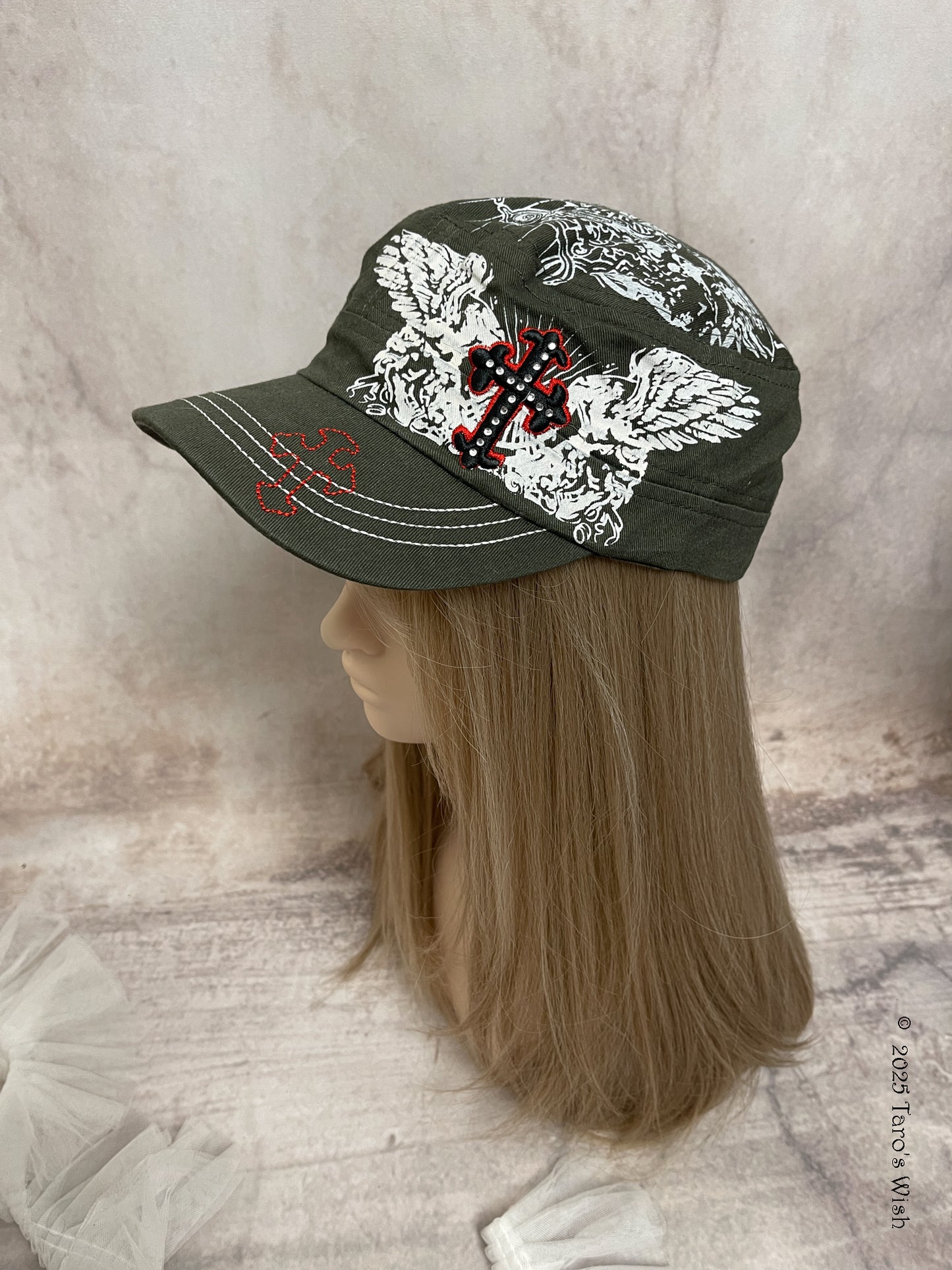 khaki graphic print cross cap