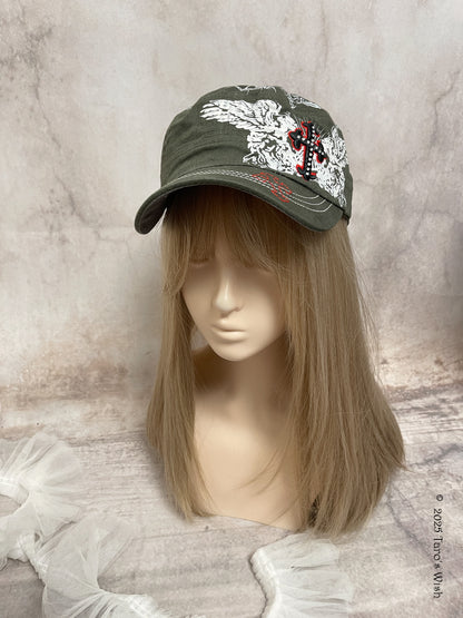 khaki graphic print cross cap