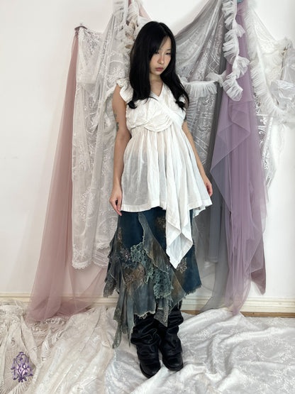 Fairycore denim and lace patchwork midi skirt