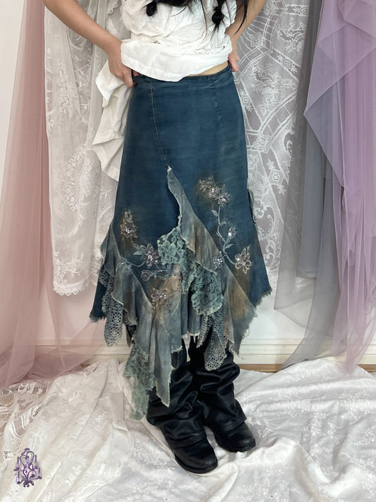 Fairycore denim and lace patchwork midi skirt