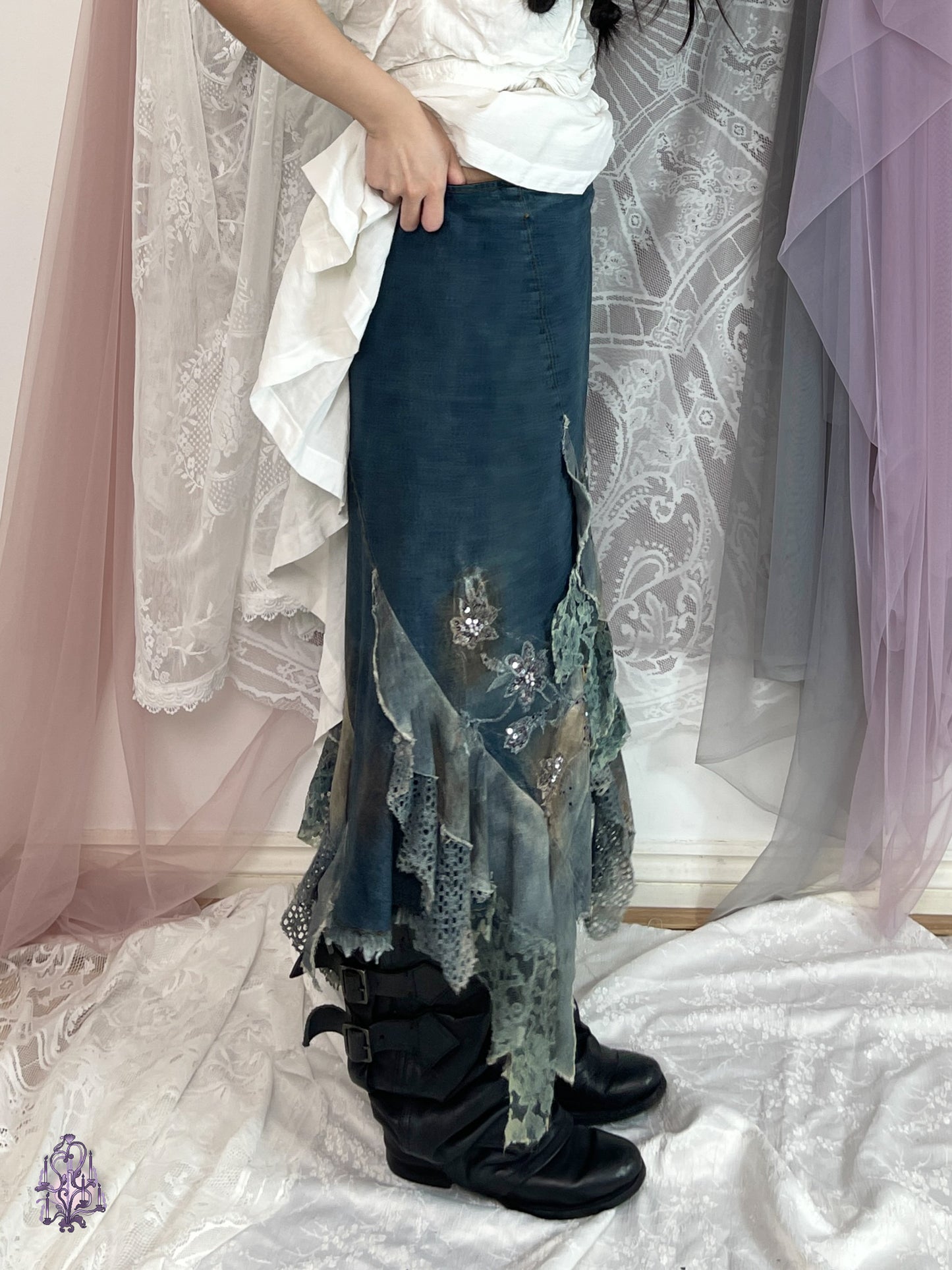 Fairycore denim and lace patchwork midi skirt