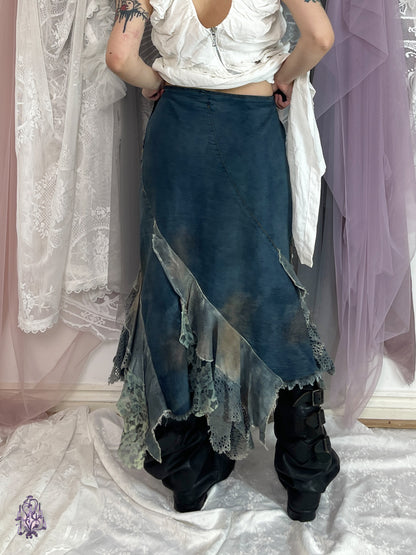 Fairycore denim and lace patchwork midi skirt