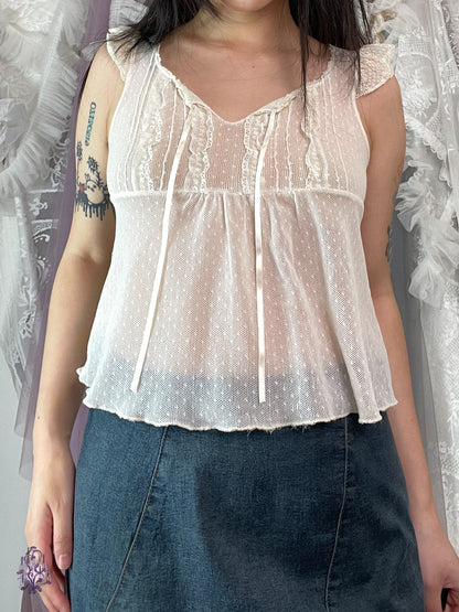 Sheer babydoll lace trim wing sleeves top