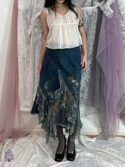 Fairycore denim and lace patchwork midi skirt