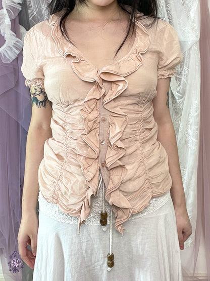 Morgan de toi peach pink mushroom ruched ruffle button up blouse