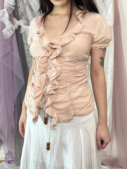 Morgan de toi peach pink mushroom ruched ruffle button up blouse