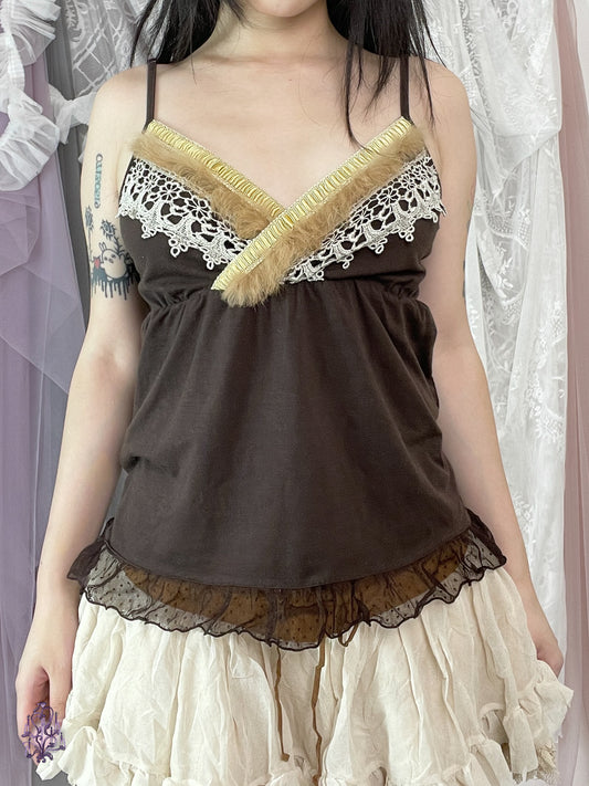 Axes femme lace and fur trim babydoll camisole