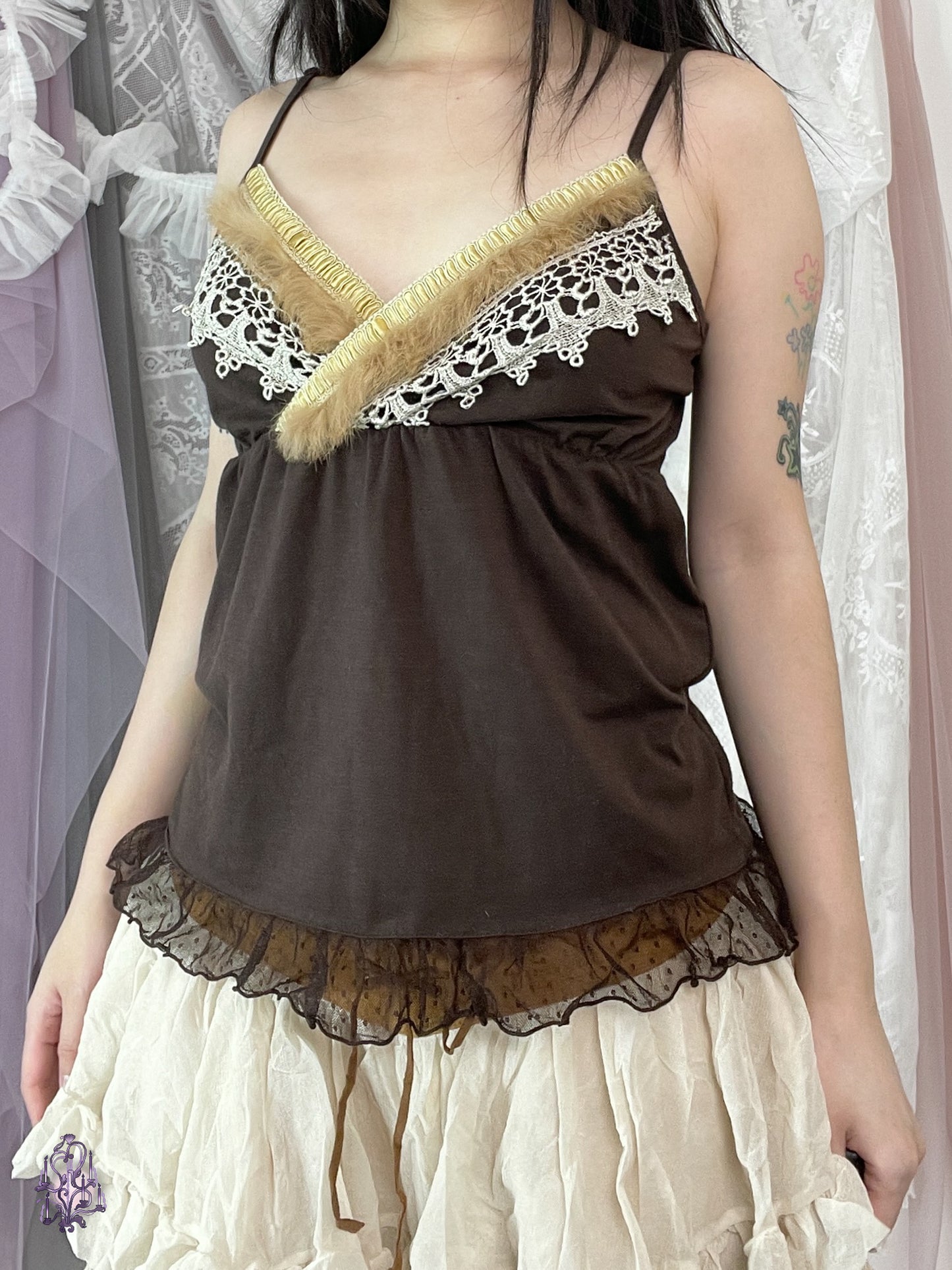 Axes femme lace and fur trim babydoll camisole