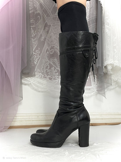 eu36 lace up back knee high heeled boots in black, euro label