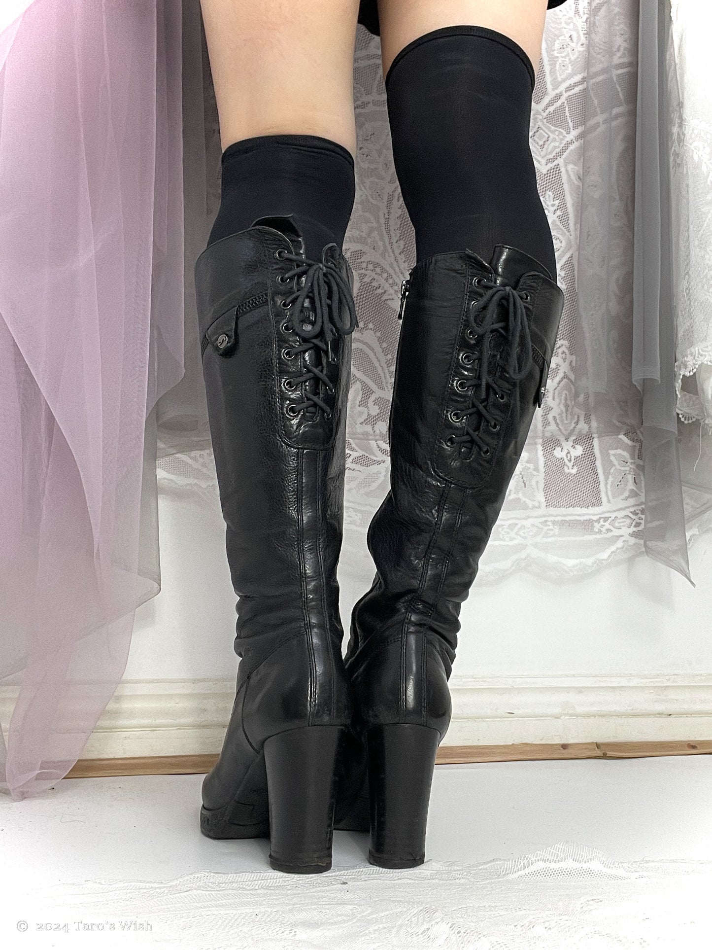 eu36 lace up back knee high heeled boots in black, euro label