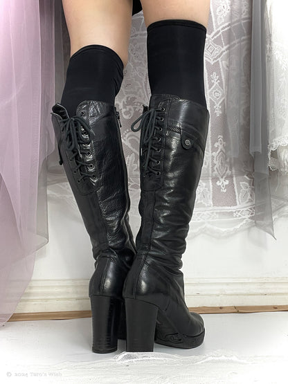 eu36 lace up back knee high heeled boots in black, euro label